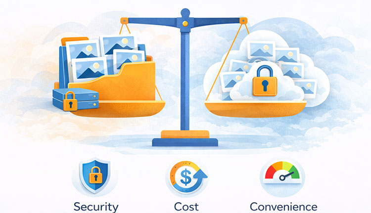Cloud Storage Alternatives comparison showing cloud, local, and hybrid photo storage options